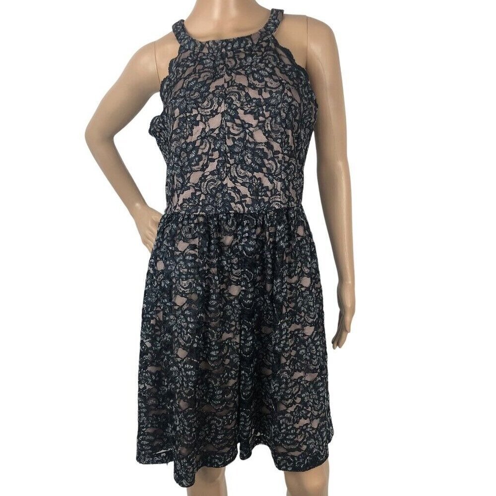Ivanka Trump Lace‎ Overlay A-Line Dress Formal Party Black Nude Halter Size 8